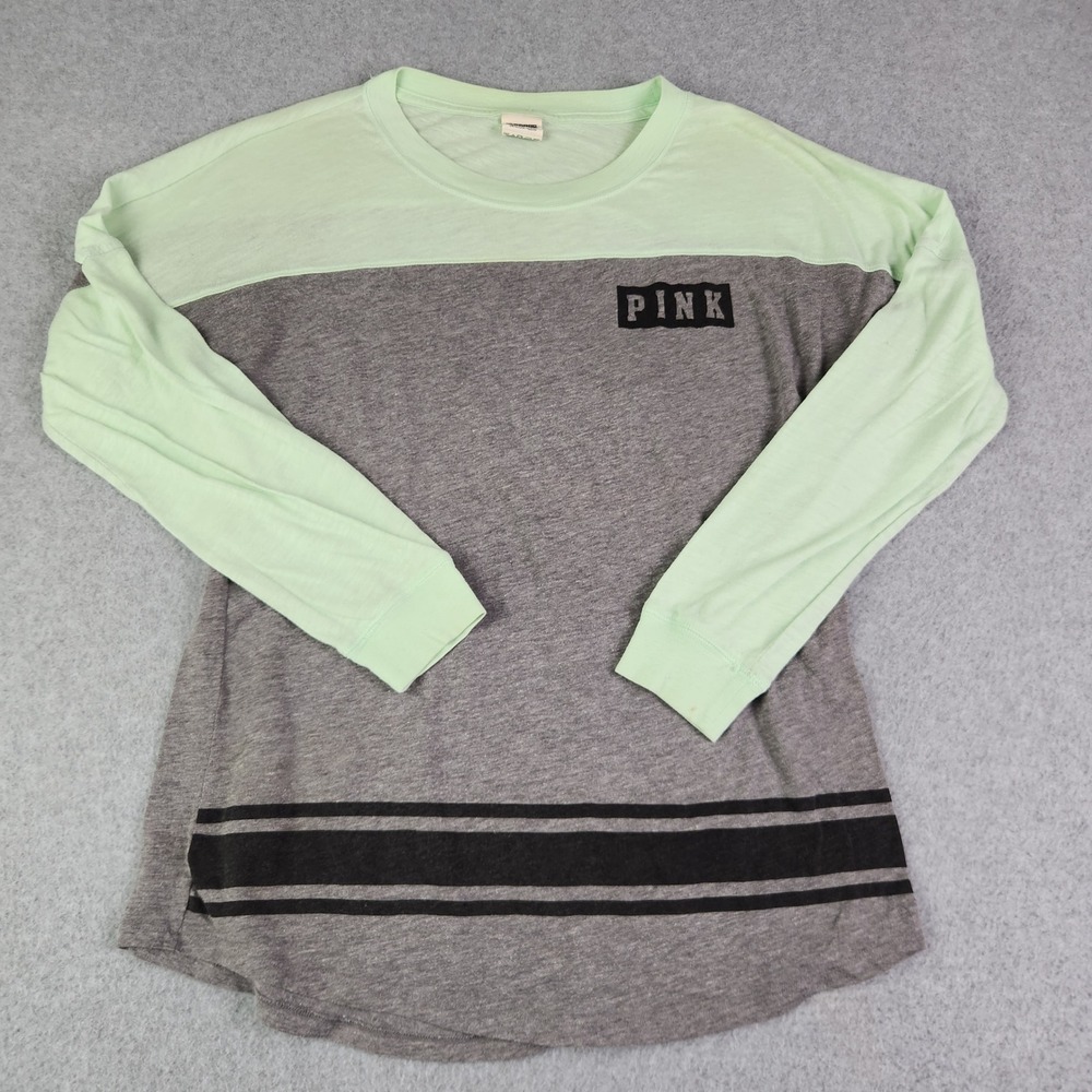 PINK Victoria's Secret T-Shirt Womens S Green Grey Colorblock Stretch Open Back